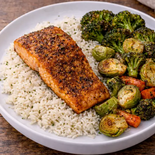 Salmon and Roasted Veggies with Rice